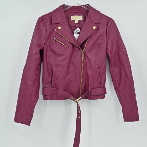 NEW MICHAEL MICHAEL KORS Women's Sz S Burgundy Biker Vegan Leather Moto Jacket - Picture 2 of 11